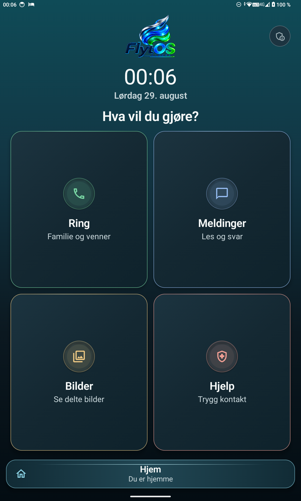 Tidligere startskjerm i FlytOS Elders med store knapper for Ring, Meldinger, Bilder og Hjelp